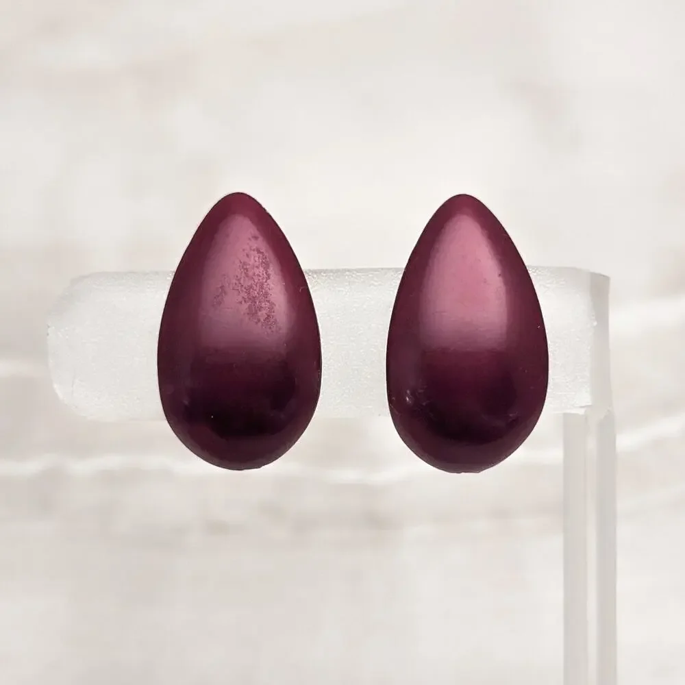 Vintage Screw On Earrings Burgundy Curved Teardrop - Japan - Fair Condition